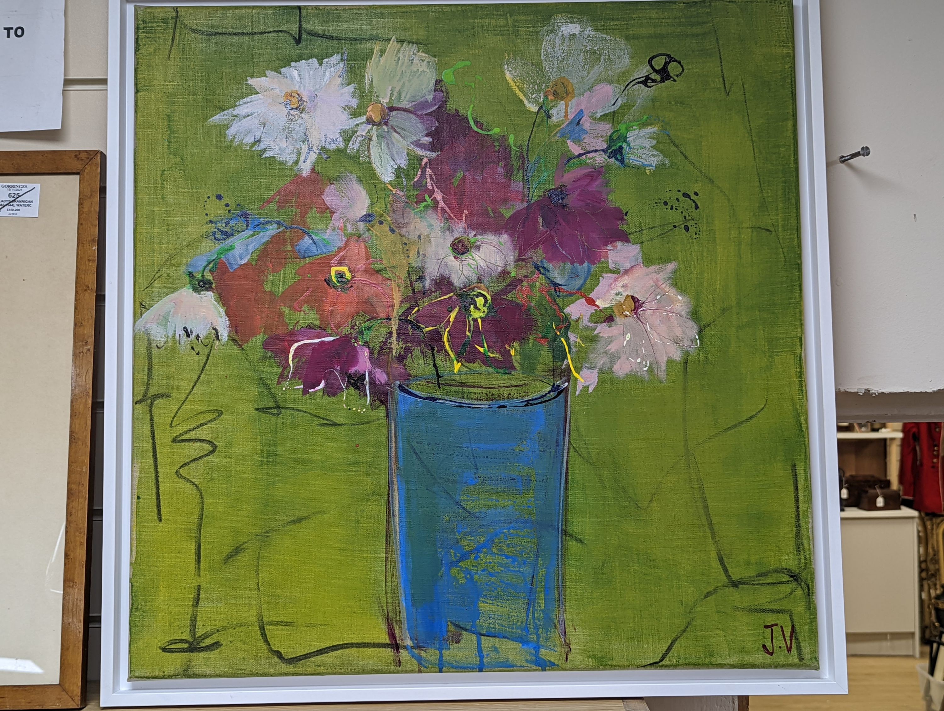 Jo Volten, acrylic on canvas, Blue vase on green with summer flowers, initialled and dated 2020, 60 x 60cm